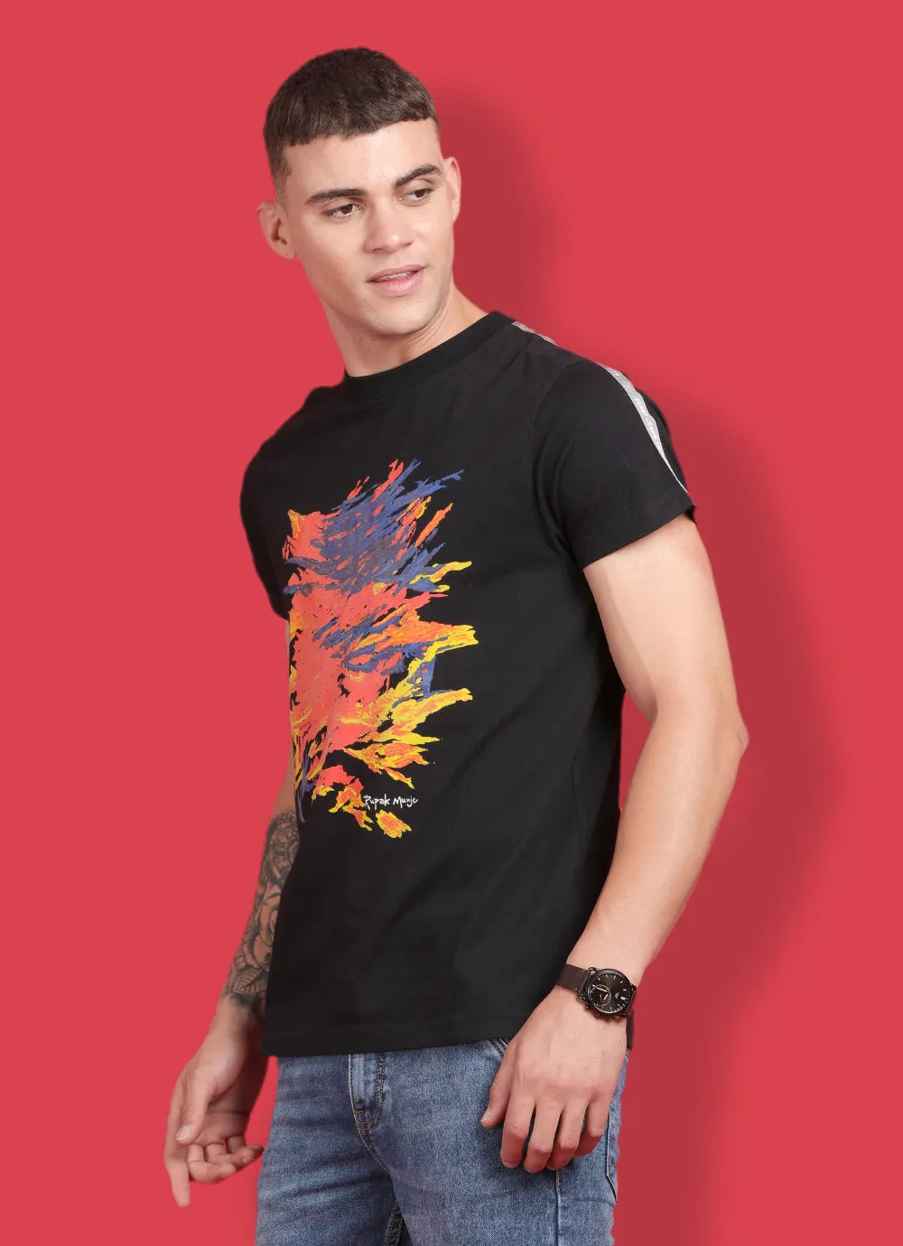Black Cotton  Round Neck Tshirt