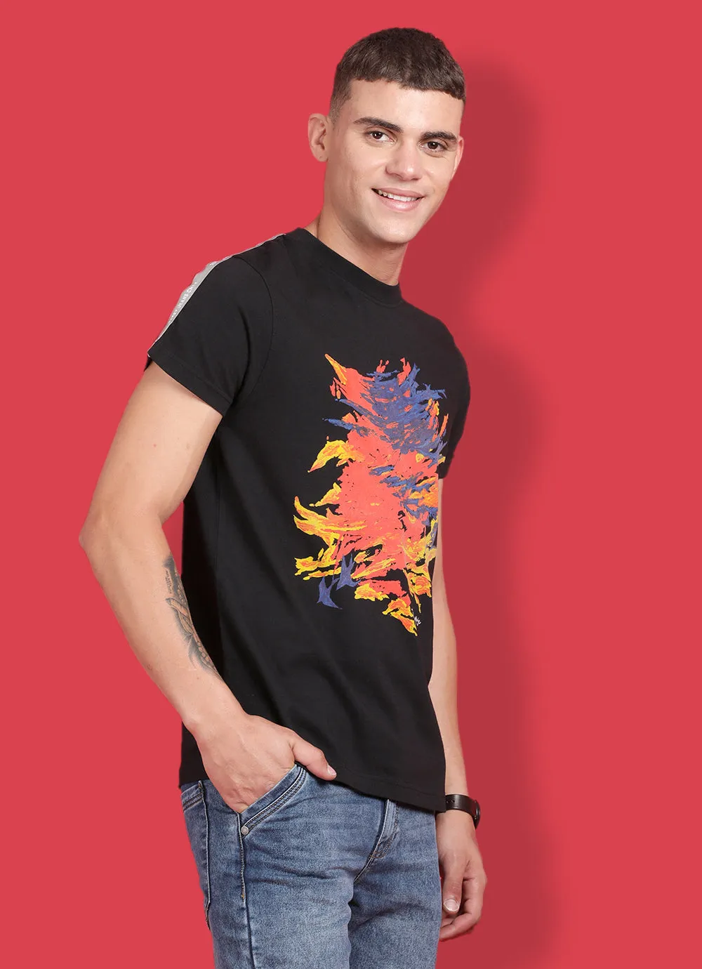 Black Cotton  Round Neck Tshirt