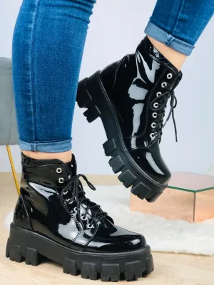 Black Patent Chunky Lace-Up Boots