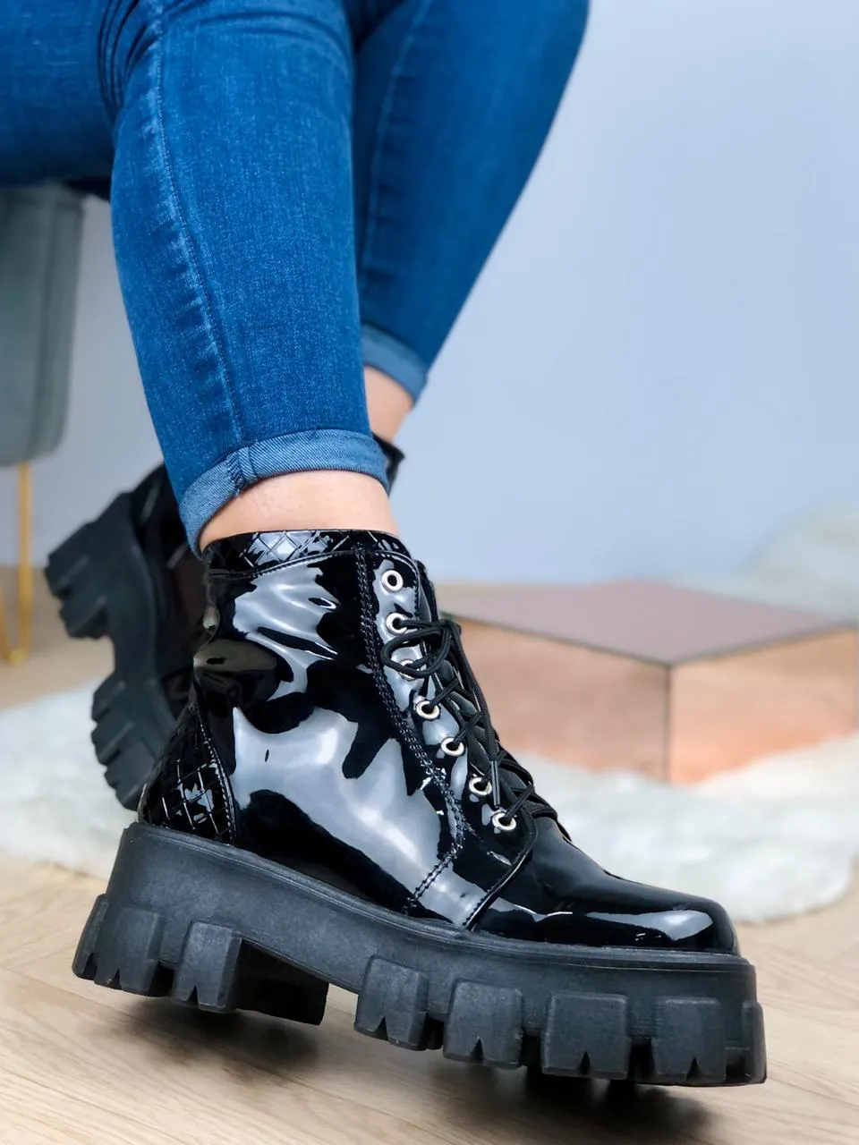 Black Patent Chunky Lace-Up Boots