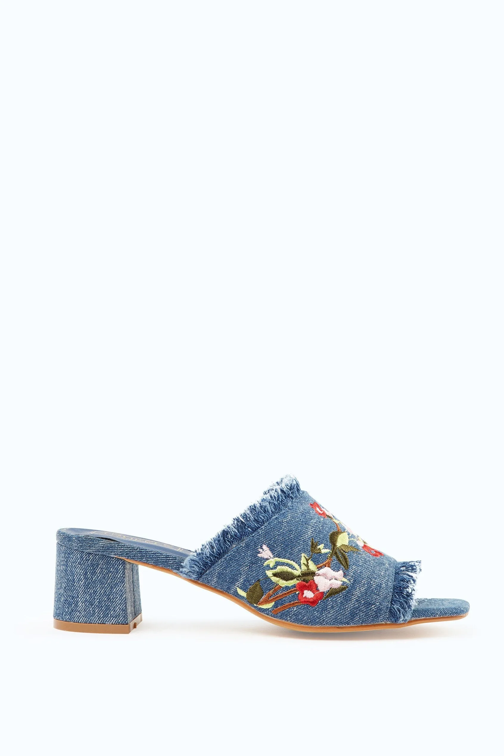 Blue Floral Embroidered Open Toe Mules