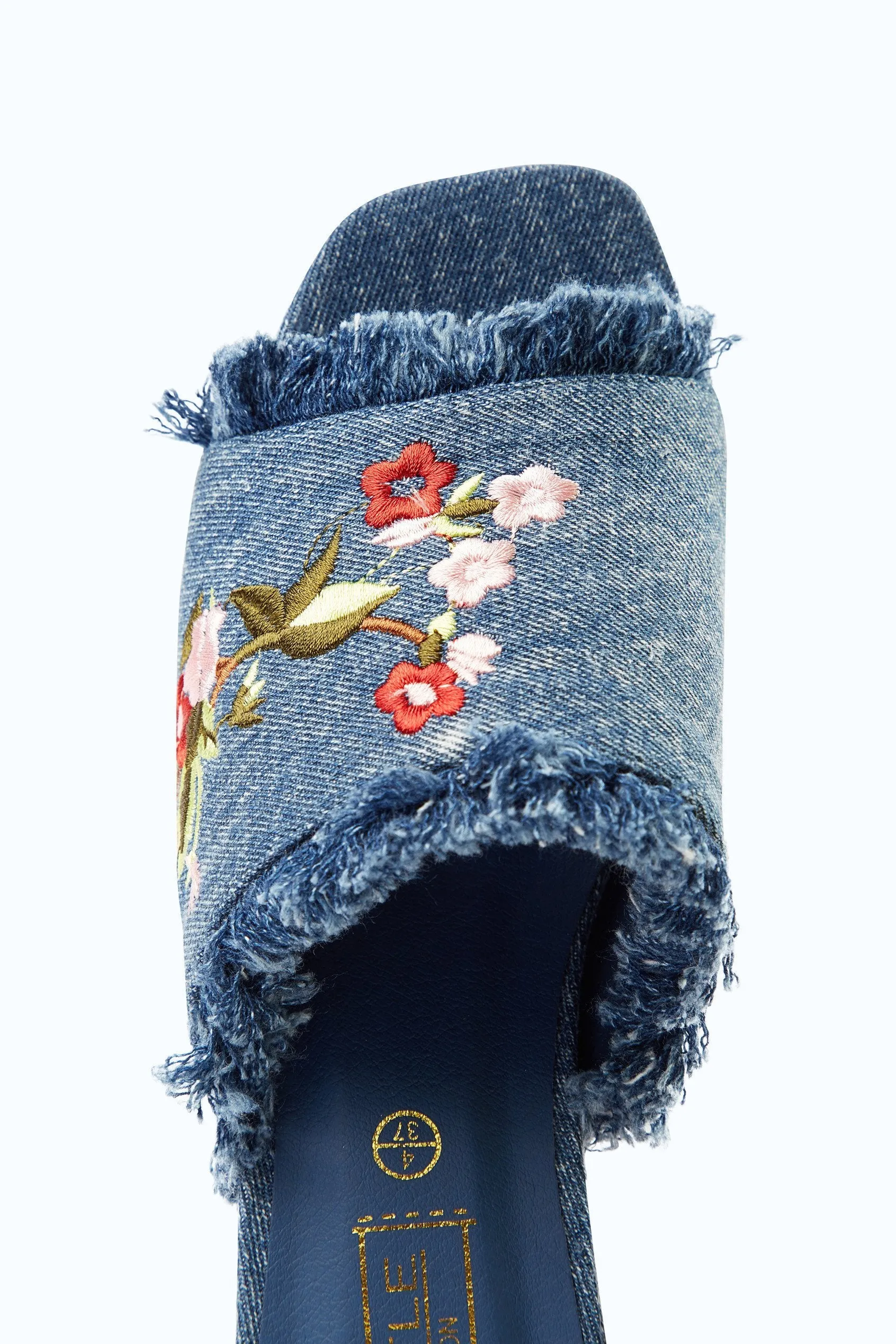 Blue Floral Embroidered Open Toe Mules