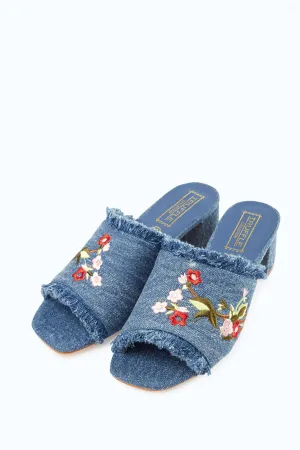 Blue Floral Embroidered Open Toe Mules