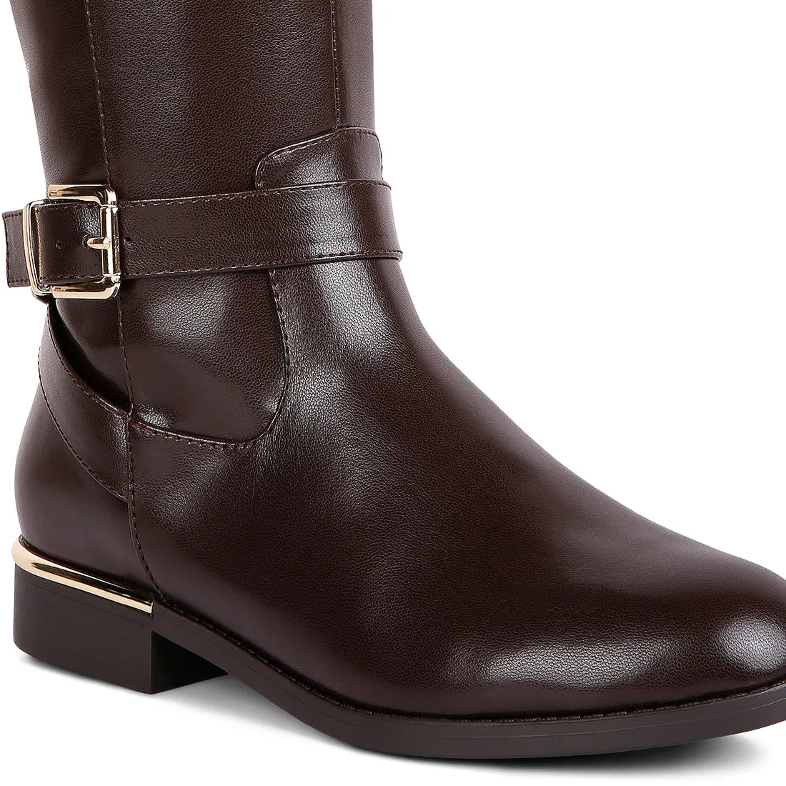 Buckle Strap Embellished Calf Boots