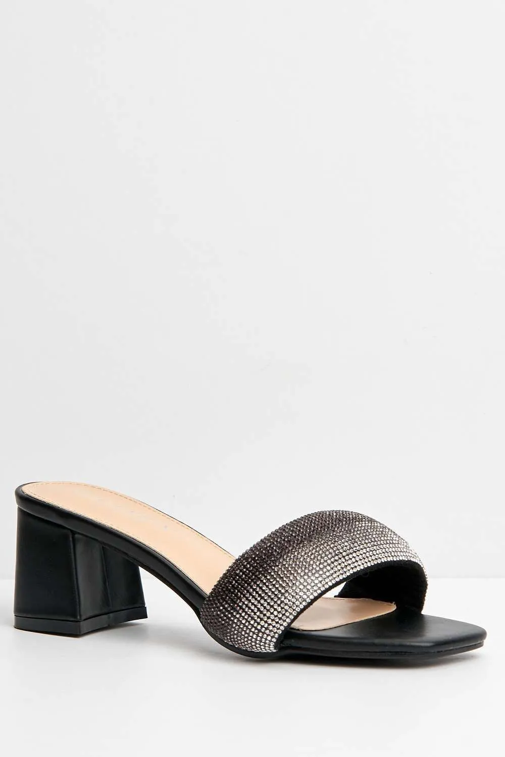 Kelly Diamante Embellished Square Toe Heeled Mules in Black