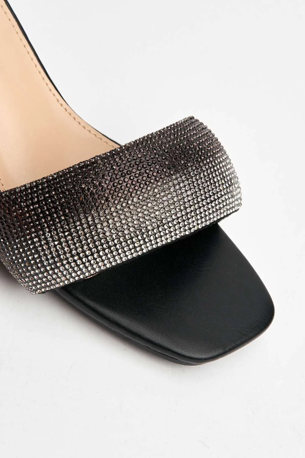 Kelly Diamante Embellished Square Toe Heeled Mules in Black