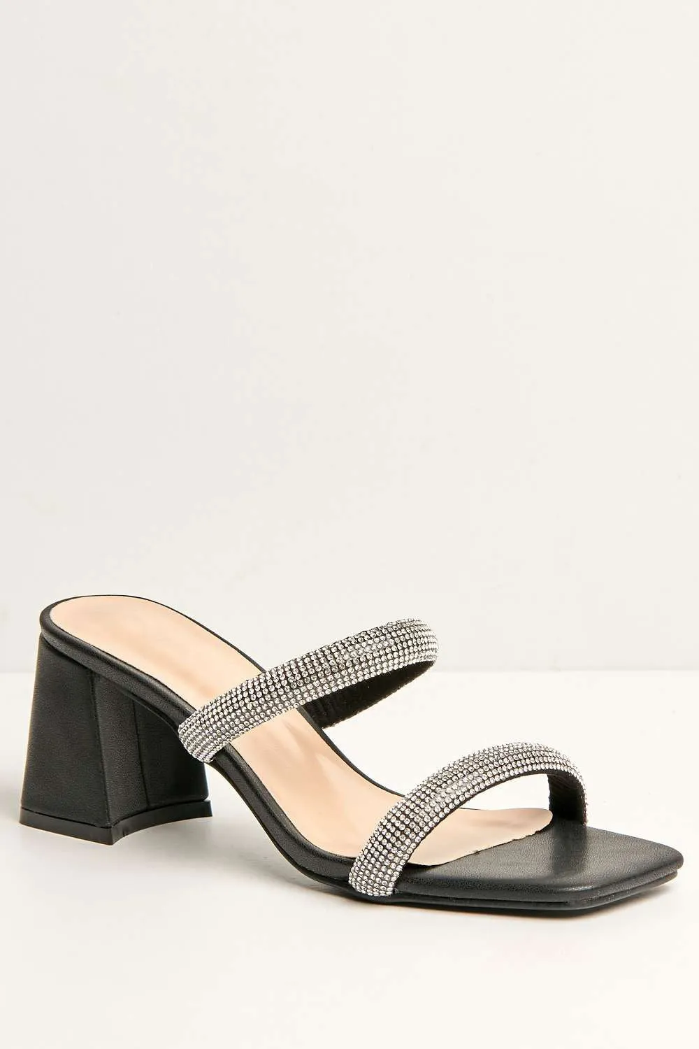 Melina Block Heel Diamante Embellished Mules in Black