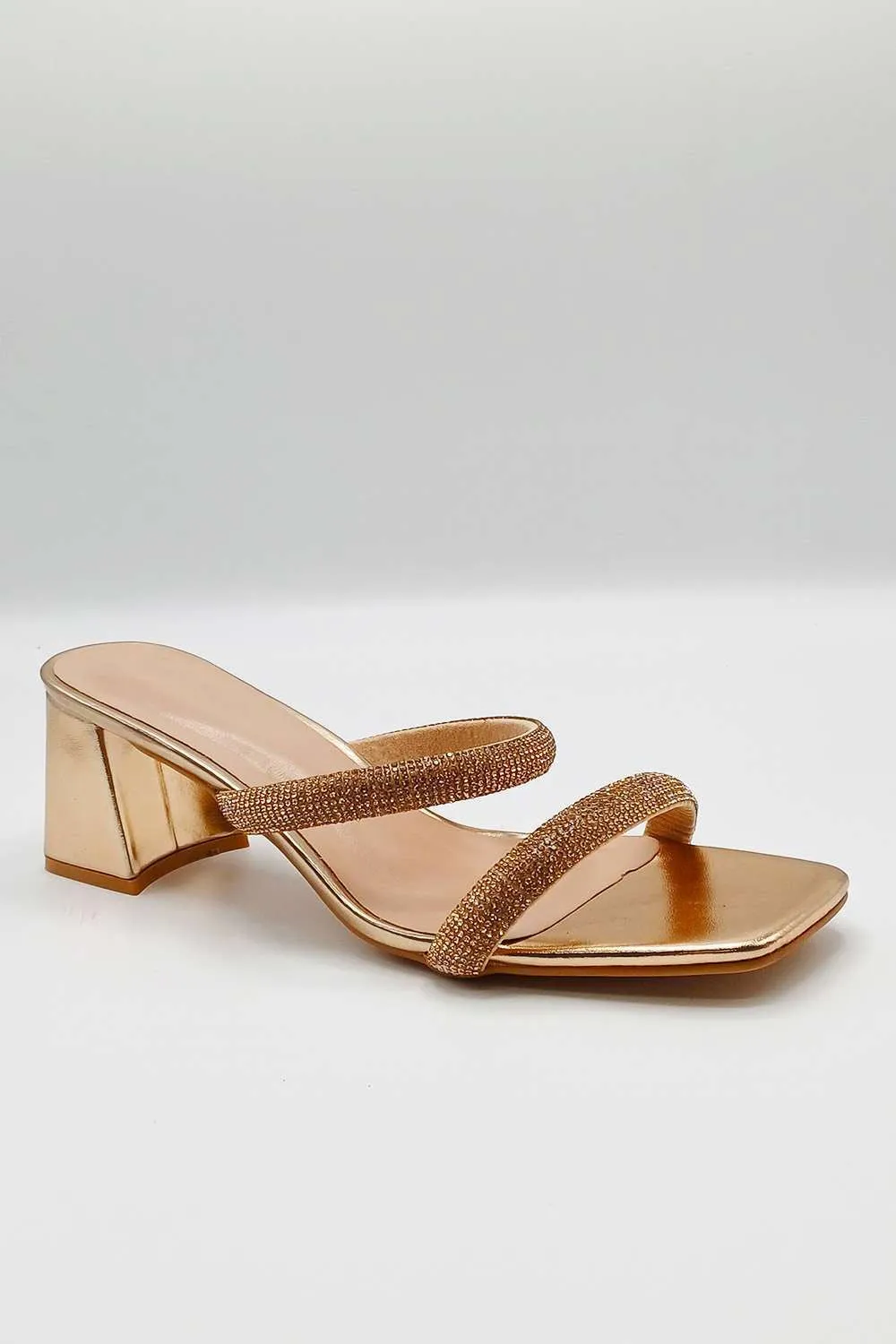 Melina Block Heel Diamante Embellished Mules in Champagne