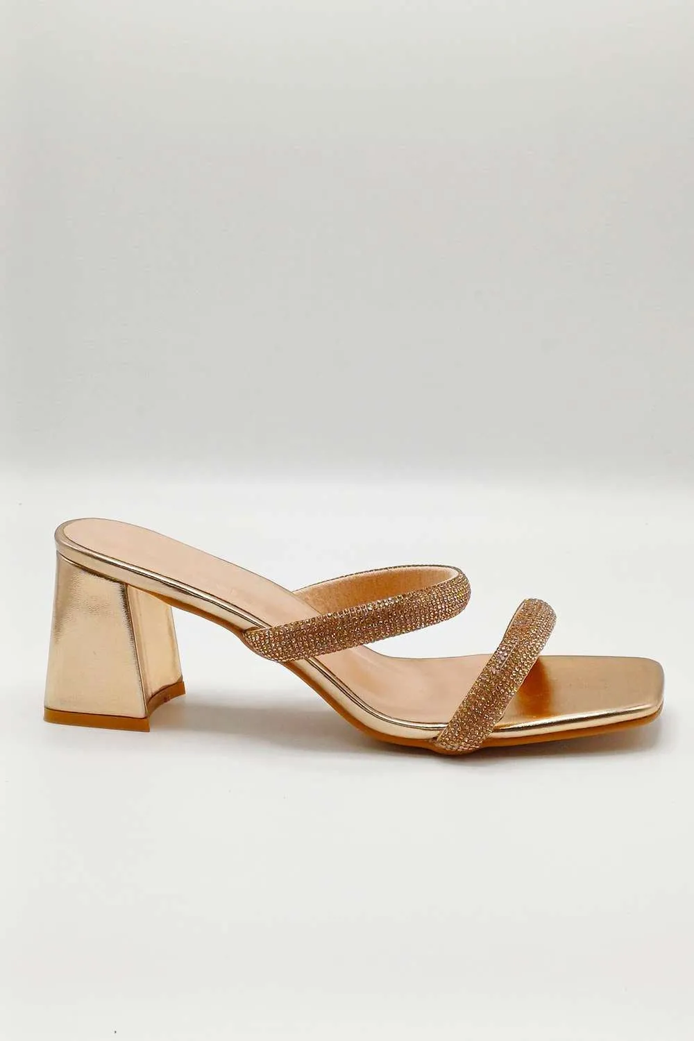 Melina Block Heel Diamante Embellished Mules in Champagne