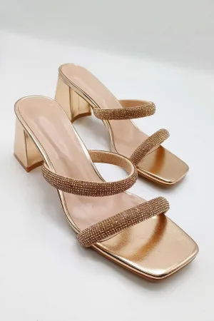 Melina Block Heel Diamante Embellished Mules in Champagne