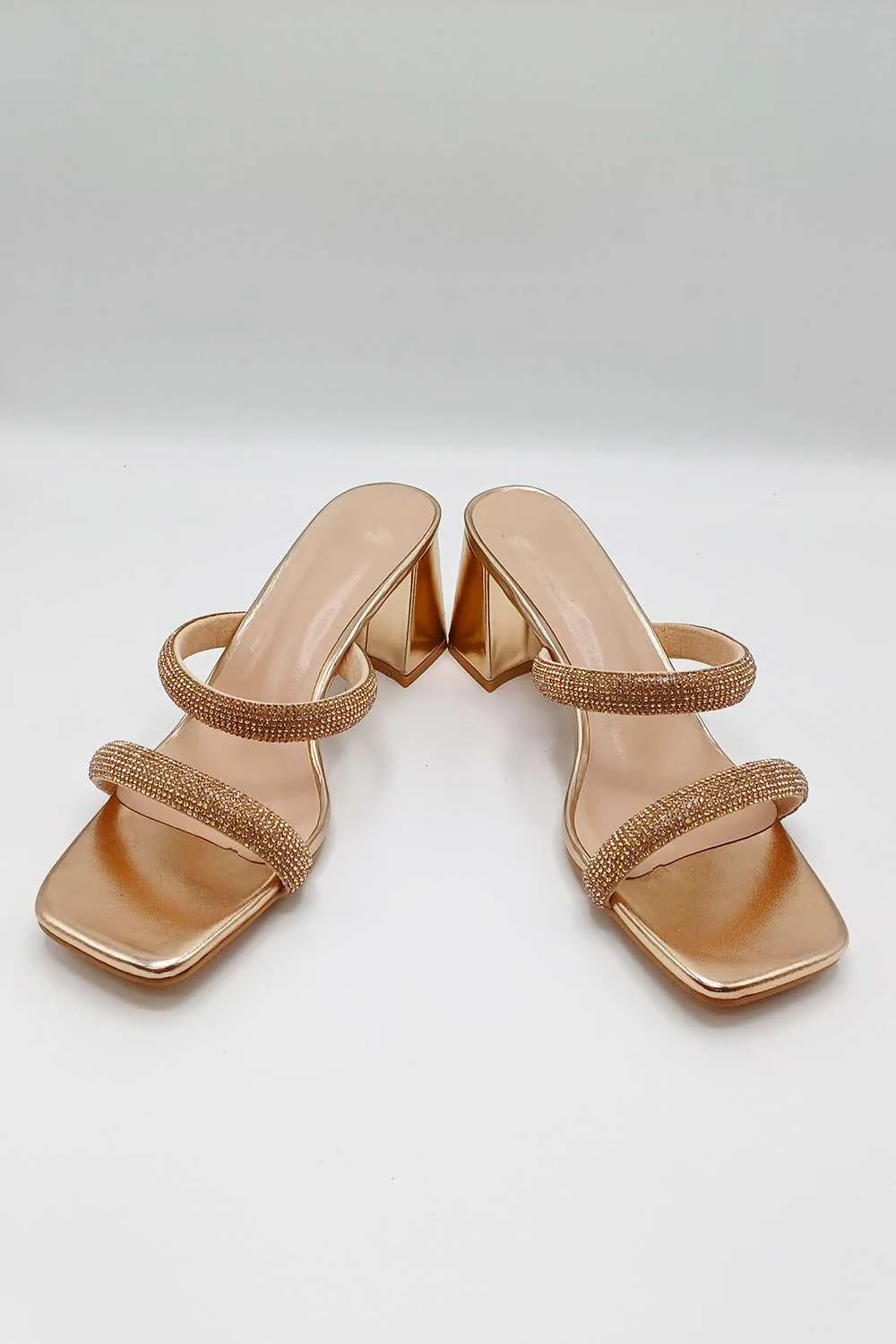 Melina Block Heel Diamante Embellished Mules in Champagne