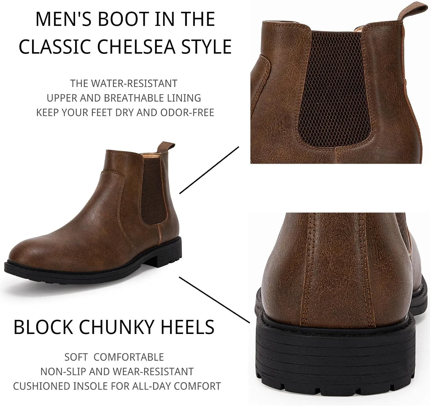 Men's Ankle Boots Chelsea Round Toe Slip on Waterproof Faux Leather Classic Dress Booties for Men