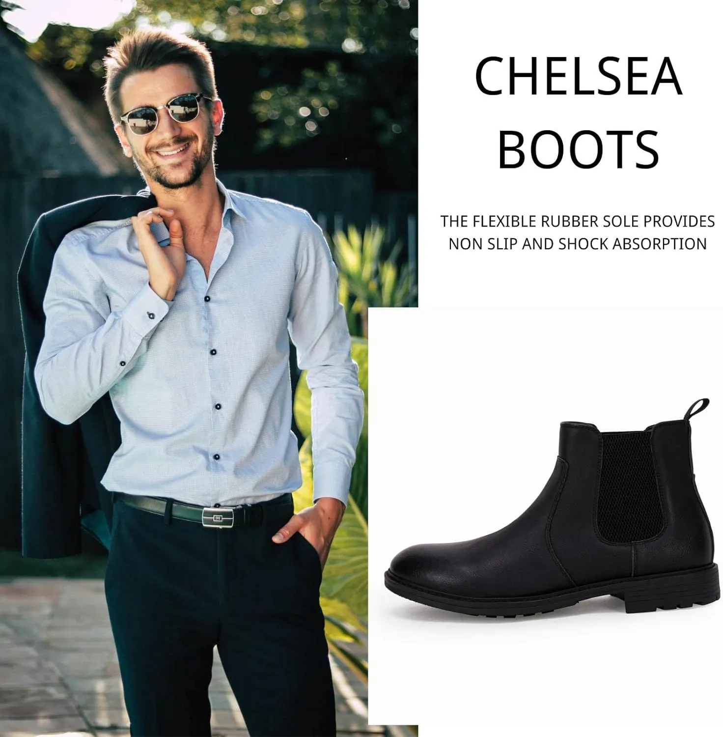 Men's Ankle Boots Chelsea Round Toe Slip on Waterproof Faux Leather Classic Dress Booties for Men