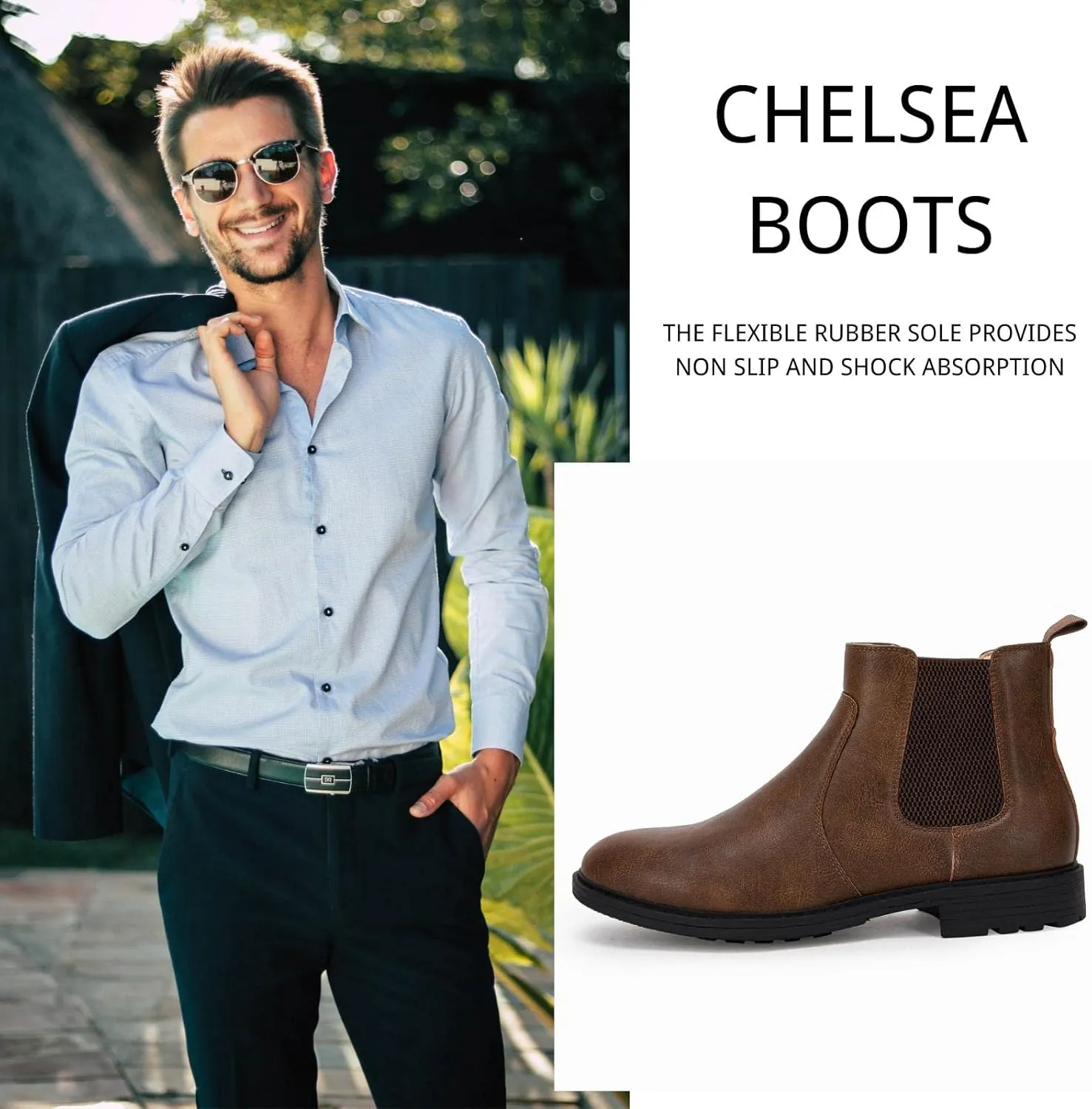 Men's Ankle Boots Chelsea Round Toe Slip on Waterproof Faux Leather Classic Dress Booties for Men