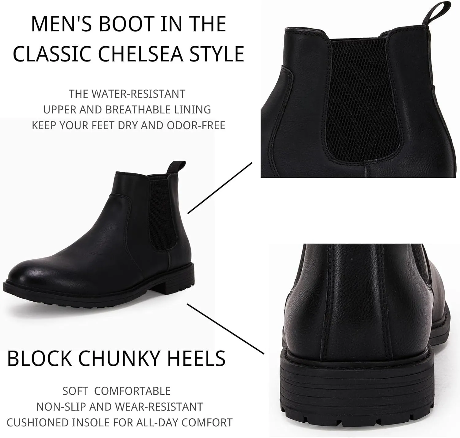 Men's Ankle Boots Chelsea Round Toe Slip on Waterproof Faux Leather Classic Dress Booties for Men