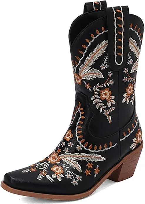 New Embroidered Ankle Cowboy Boots for Women Pull On Western Booties Snip Toe Chunky Heel Cowgirl Boots Ladies Festival Dancing Wedding Mid Calf Boots Black, Sz 8.5