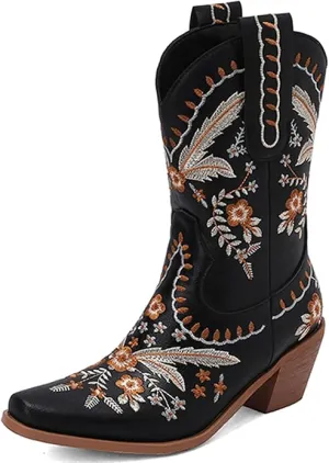 New Embroidered Ankle Cowboy Boots for Women Pull On Western Booties Snip Toe Chunky Heel Cowgirl Boots Ladies Festival Dancing Wedding Mid Calf Boots Black, Sz 8.5