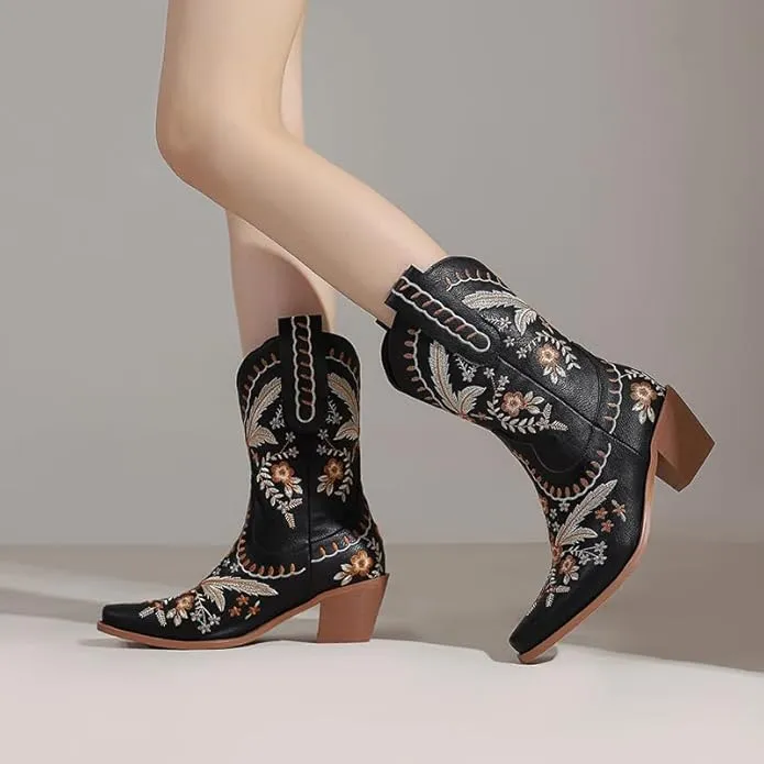 New Embroidered Ankle Cowboy Boots for Women Pull On Western Booties Snip Toe Chunky Heel Cowgirl Boots Ladies Festival Dancing Wedding Mid Calf Boots Black, Sz 8.5