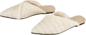 QEOSNBX Women's Fringe Straw Flat Mules Closed Pointed Toe Slip-On Breathable Comfortable Walking Slipper Slide for Work Walking Casual Sandals