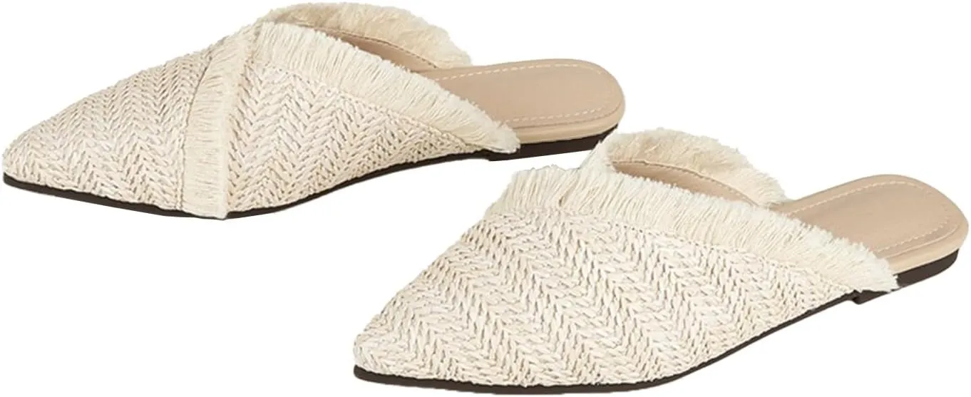QEOSNBX Women's Fringe Straw Flat Mules Closed Pointed Toe Slip-On Breathable Comfortable Walking Slipper Slide for Work Walking Casual Sandals