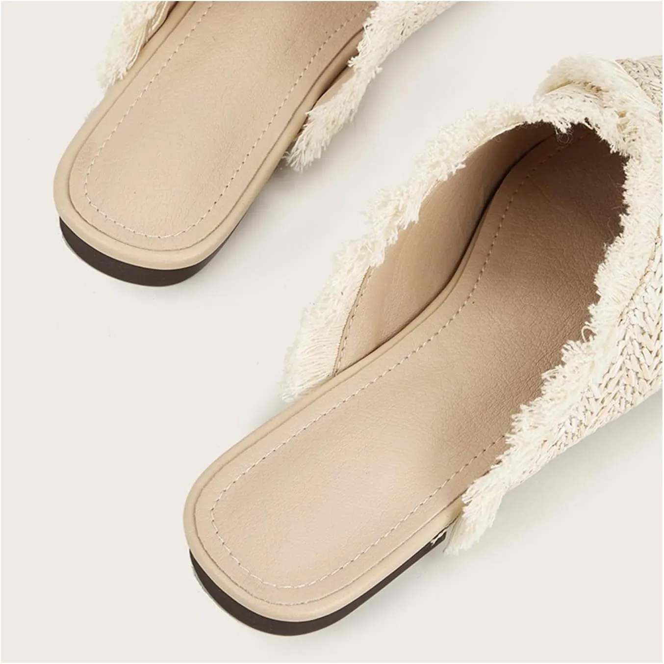 QEOSNBX Women's Fringe Straw Flat Mules Closed Pointed Toe Slip-On Breathable Comfortable Walking Slipper Slide for Work Walking Casual Sandals