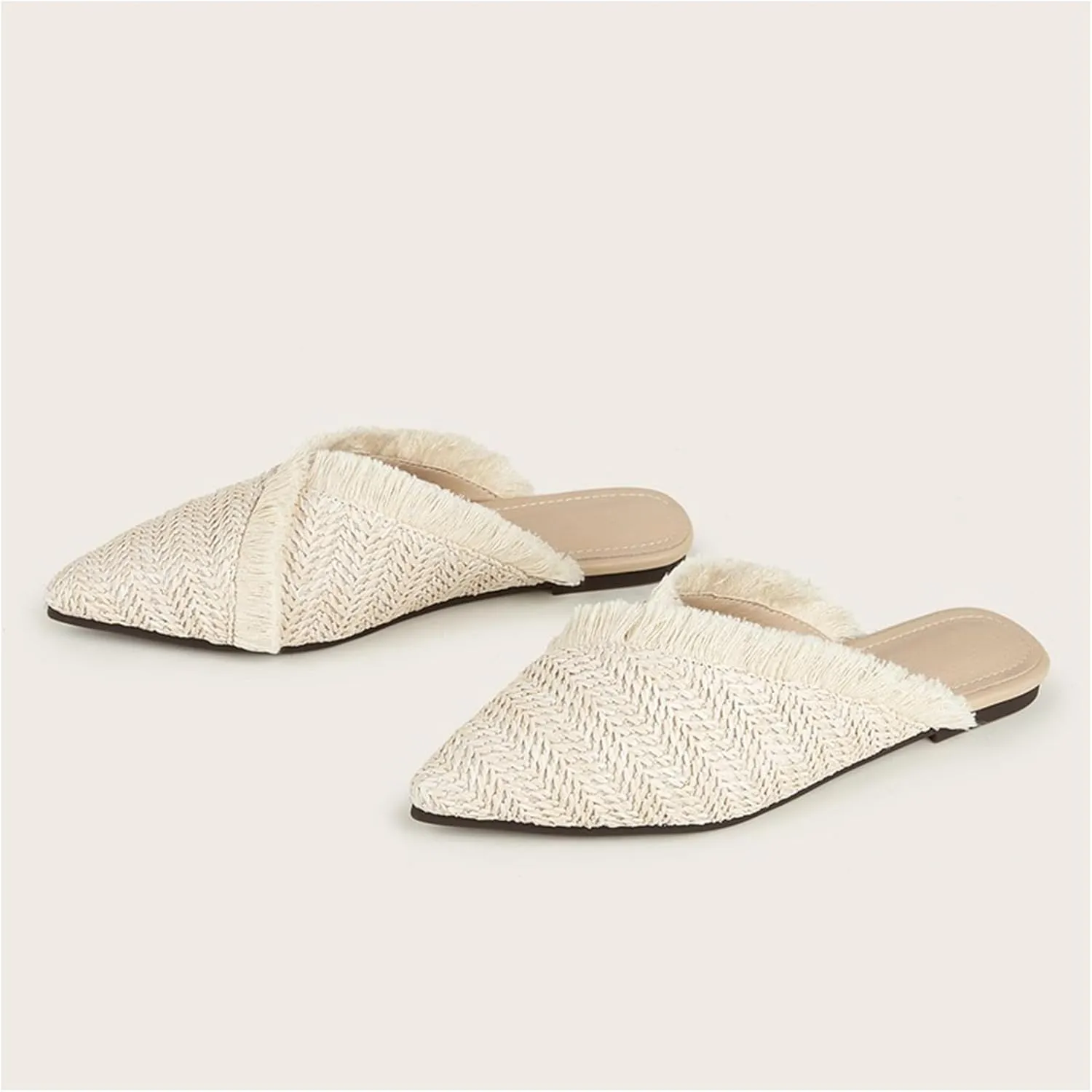 QEOSNBX Women's Fringe Straw Flat Mules Closed Pointed Toe Slip-On Breathable Comfortable Walking Slipper Slide for Work Walking Casual Sandals