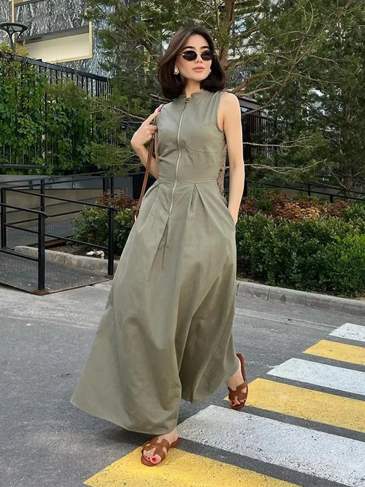 Sage Luxe Structured Maxi Dress - Women Fashion Round Collar Sleeveless Pleated Slim Elegant Solid Half Zipper A-line Dresse Girl's Casual High Street Robe