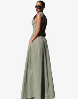 Sage Luxe Structured Maxi Dress - Women Fashion Round Collar Sleeveless Pleated Slim Elegant Solid Half Zipper A-line Dresse Girl's Casual High Street Robe