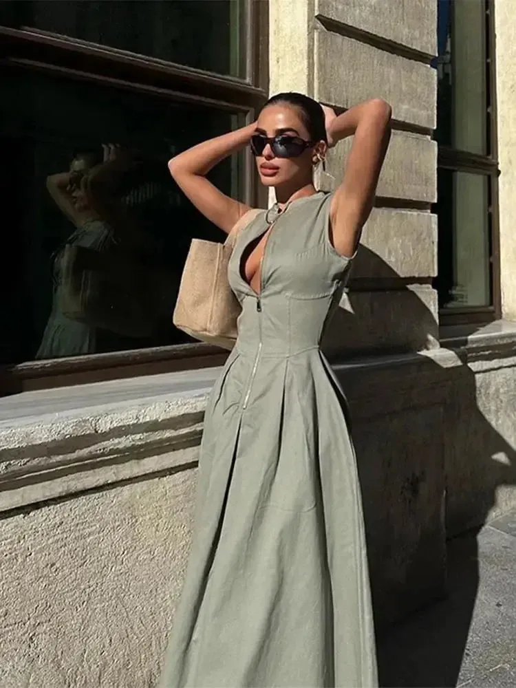 Sage Luxe Structured Maxi Dress - Women Fashion Round Collar Sleeveless Pleated Slim Elegant Solid Half Zipper A-line Dresse Girl's Casual High Street Robe
