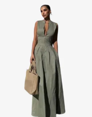 Sage Luxe Structured Maxi Dress - Women Fashion Round Collar Sleeveless Pleated Slim Elegant Solid Half Zipper A-line Dresse Girl's Casual High Street Robe