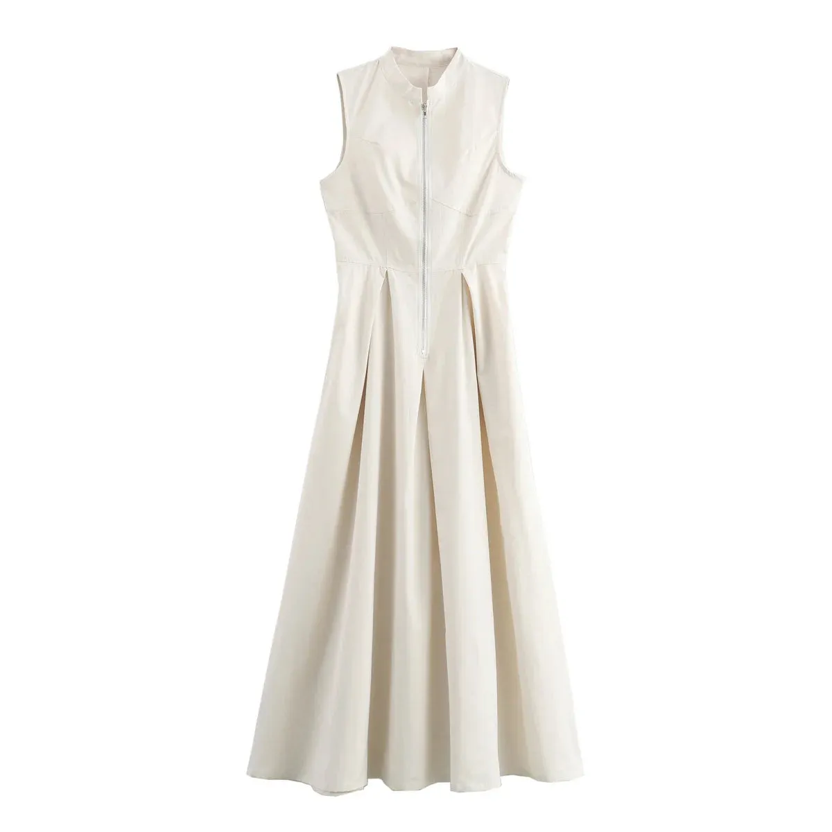 Sage Luxe Structured Maxi Dress - Women Fashion Round Collar Sleeveless Pleated Slim Elegant Solid Half Zipper A-line Dresse Girl's Casual High Street Robe