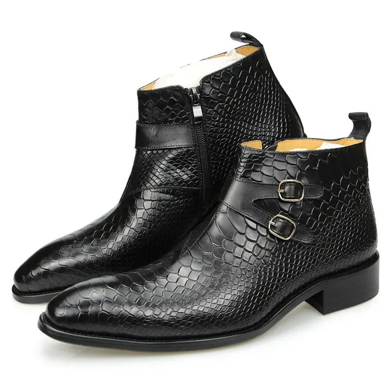 Snakeskin Print Leather Buckle Boots