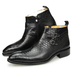 Snakeskin Print Leather Buckle Boots