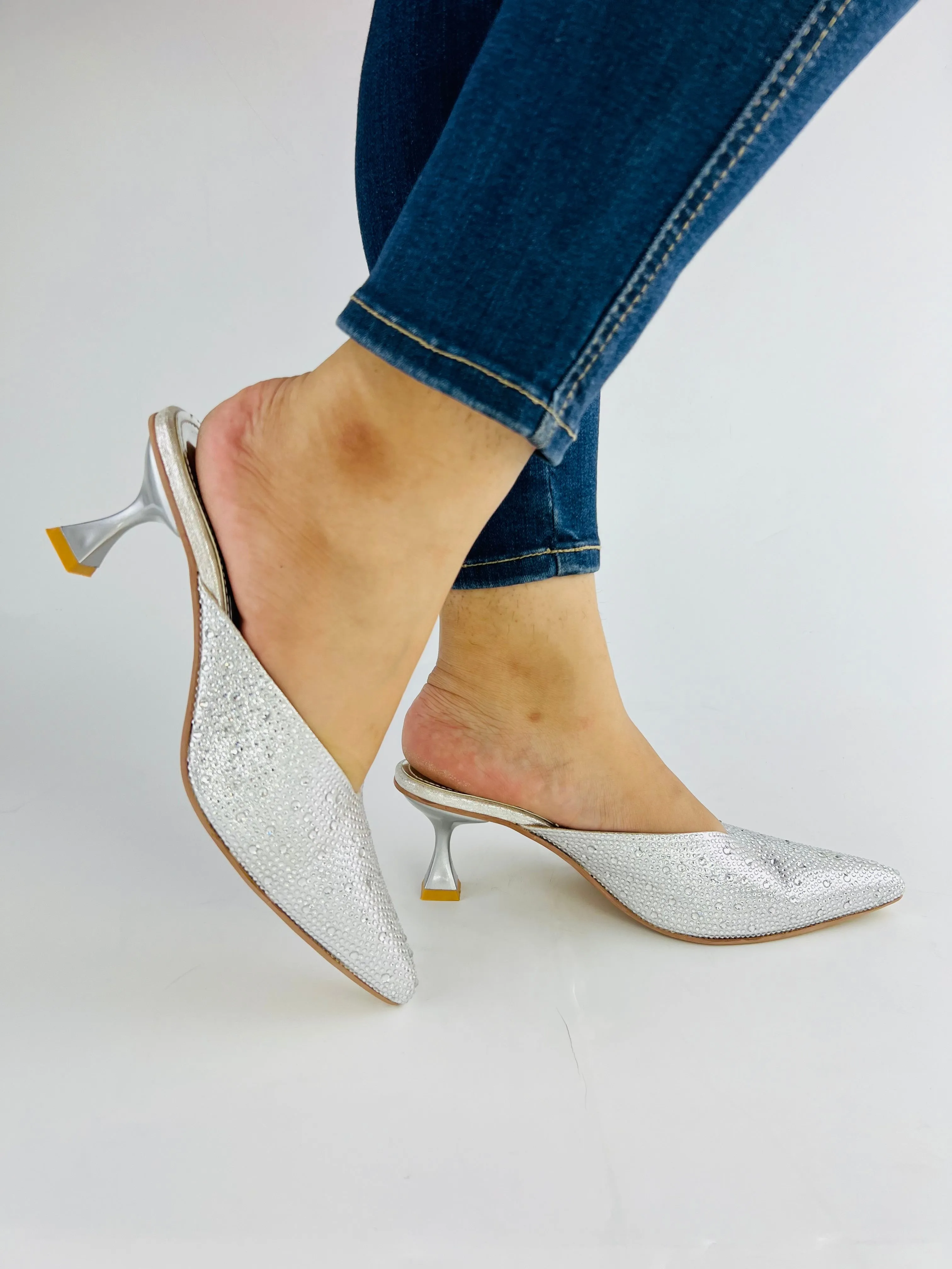 Spunkz Silver Shiny Crystal Stones Pointed Toe Mules